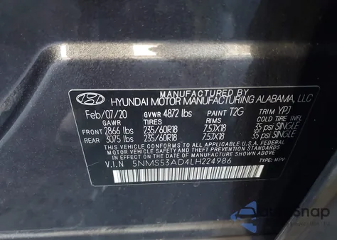 2020 Hyundai Santa Fe Limited z USA, uszkodzony, nr VIN 5NMS53AD4LH224986